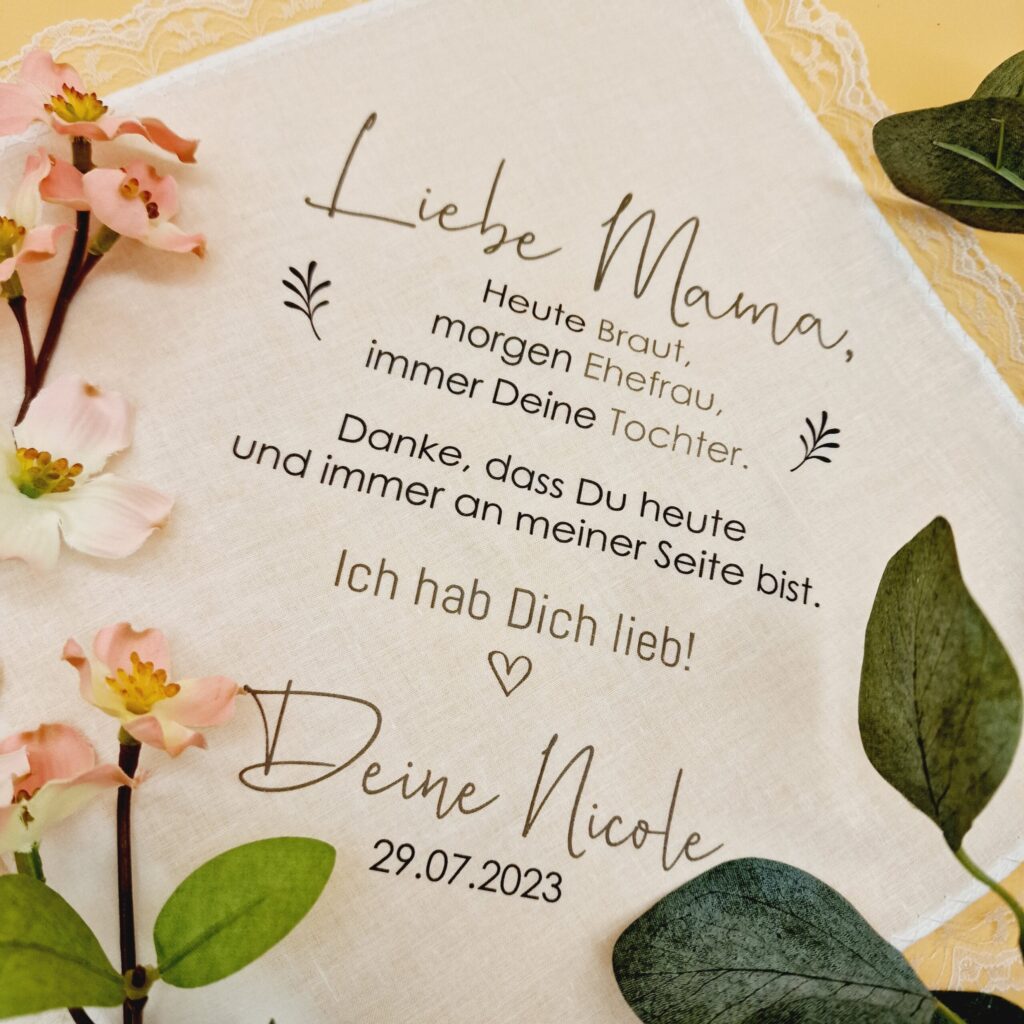 Stofftaschentaschentuch "Braut, Ehefrau, Tochter" für die Freudentränen, personalisiertes Taschentuch für die Brauteltern zur Hochzeit