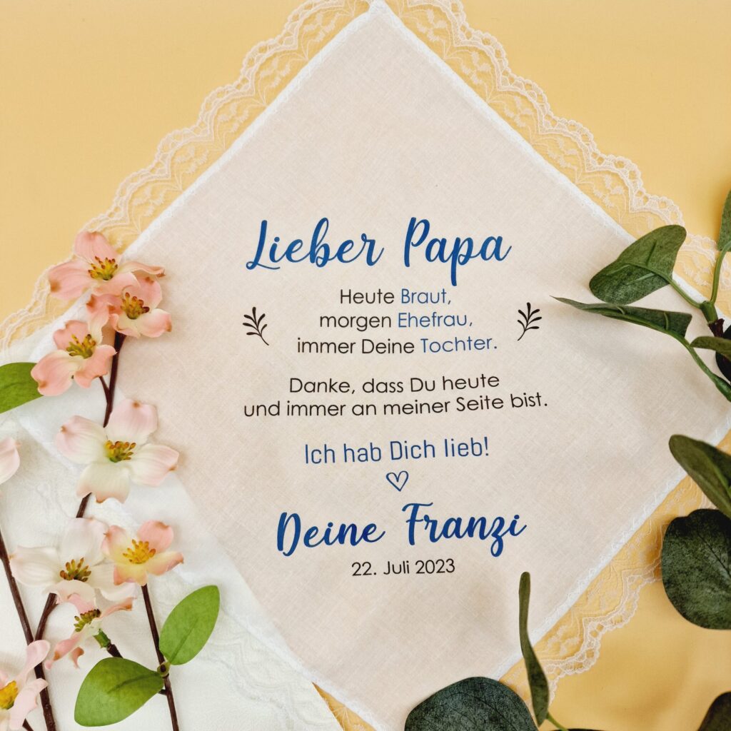 Stofftaschentaschentuch "Braut, Ehefrau, Tochter" für die Freudentränen, personalisiertes Taschentuch für die Brauteltern zur Hochzeit