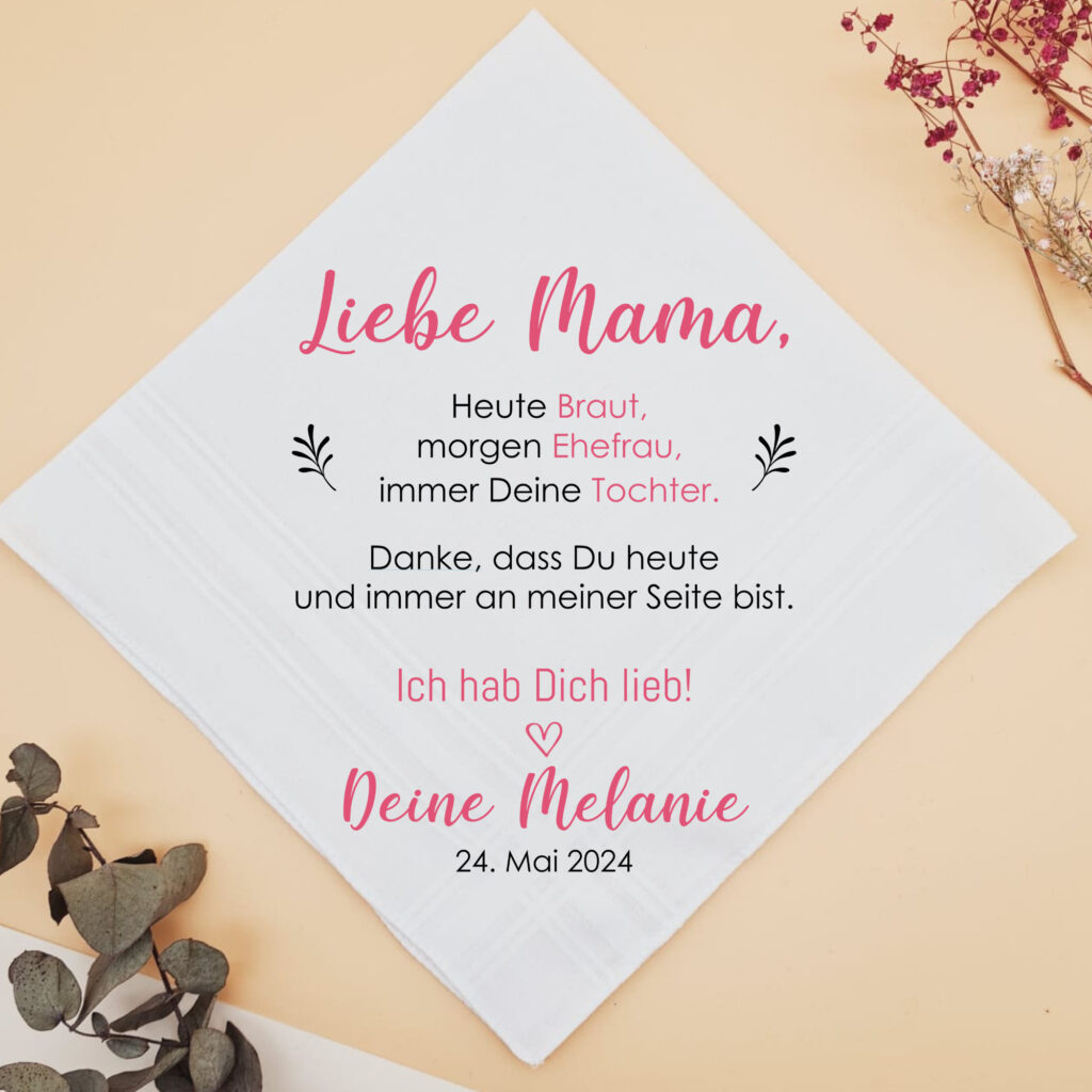 Stofftaschentaschentuch "Braut, Ehefrau, Tochter" für die Freudentränen, personalisiertes Taschentuch für die Brauteltern zur Hochzeit