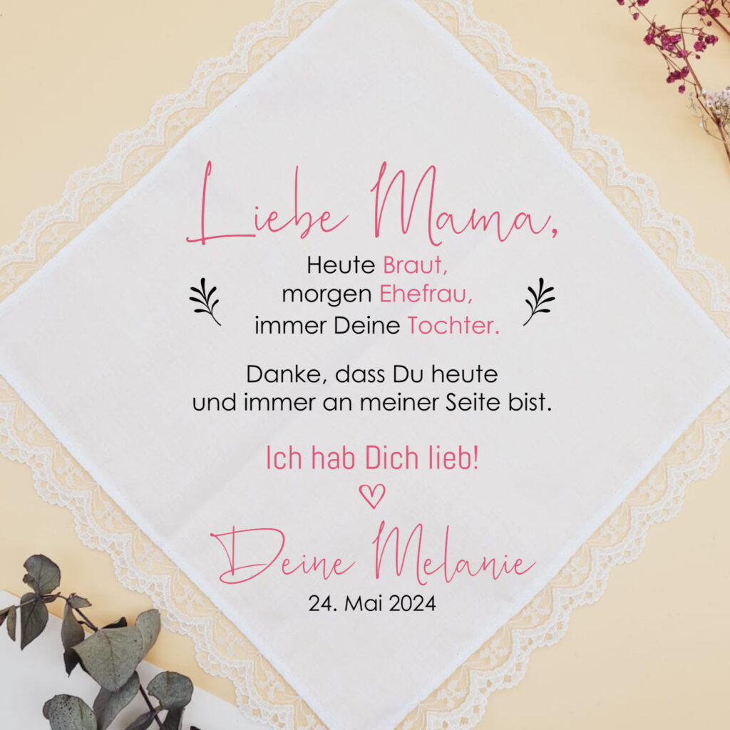 Stofftaschentaschentuch "Braut, Ehefrau, Tochter" für die Freudentränen, personalisiertes Taschentuch für die Brauteltern zur Hochzeit