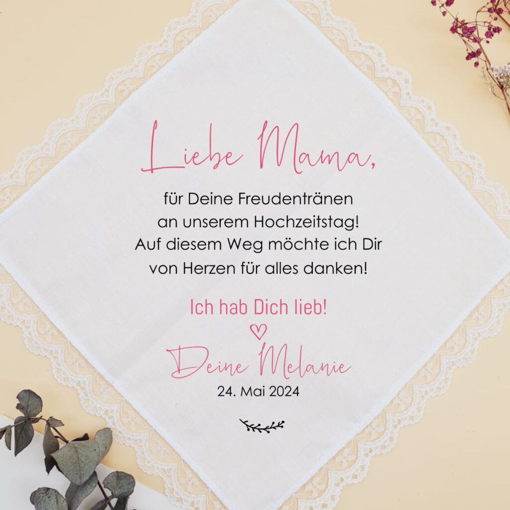 Stofftaschentuch "auf diesem Wege" für die Freudentränen, personalisiertes Taschentuch für die Brauteltern zur Hochzeit
