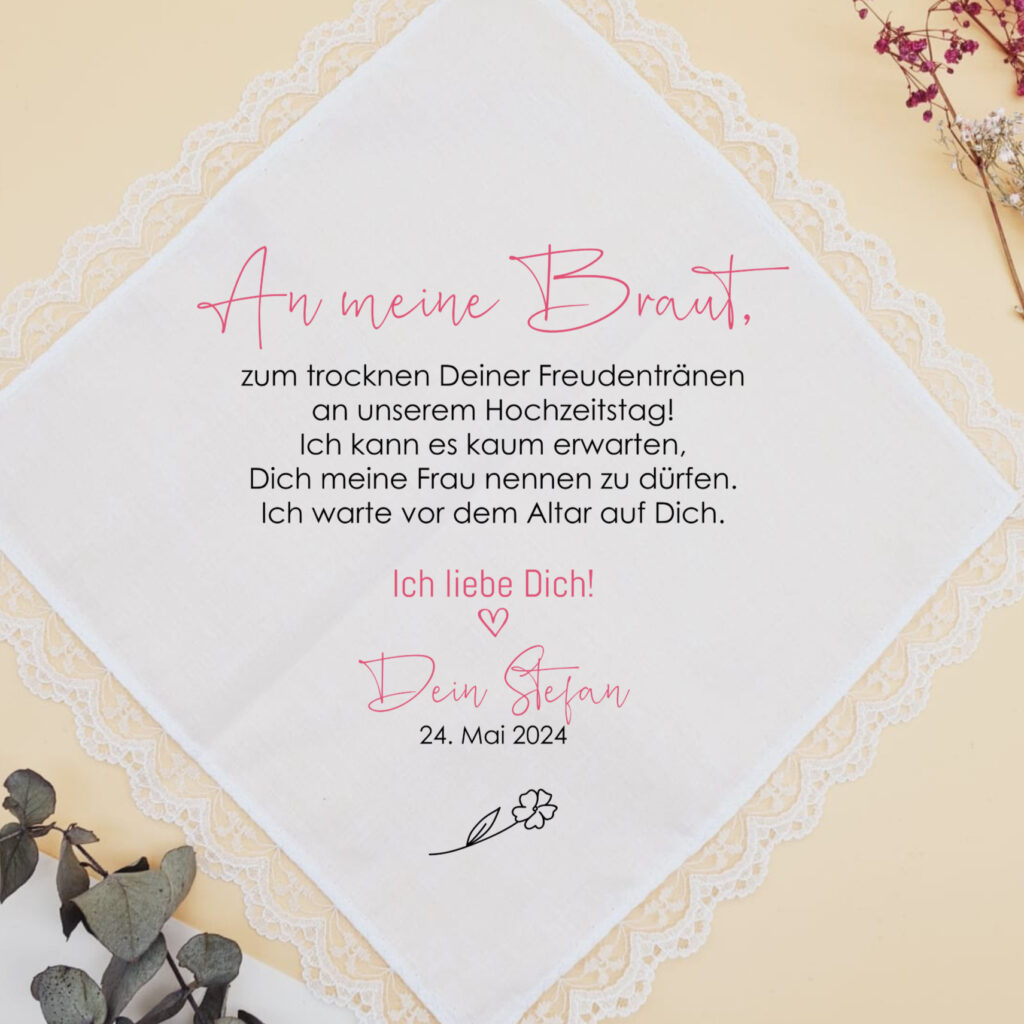 Taschentuch Freudentränen Hochzeit_Bräutigam an Braut_Silently_spitze
